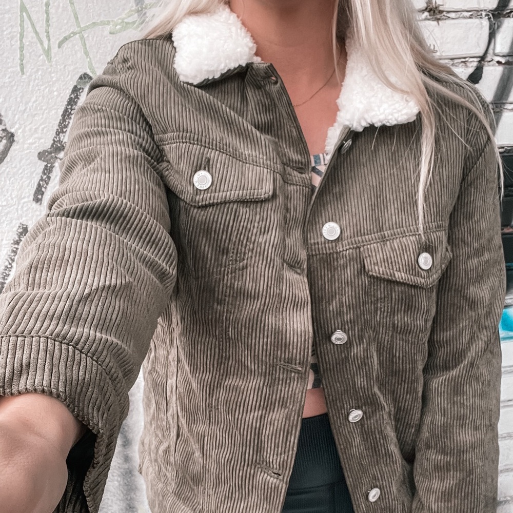 Olive Green Corduroy Trucker Jacket- Sherpa Lining and Collar